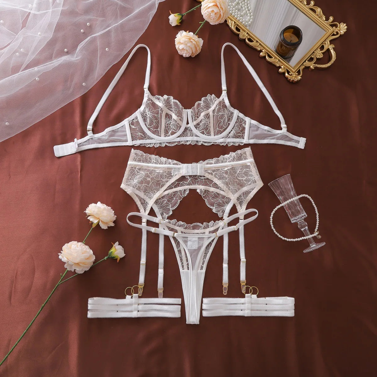 Ellolace French Women's Lingerie Fantasy Embroidered Bra Belt Thong with Leg Circles Elegant Floral Romantic Cute Miss Underwear