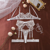 Ellolace French Women's Lingerie Fantasy Embroidered Bra Belt Thong with Leg Circles Elegant Floral Romantic Cute Miss Underwear