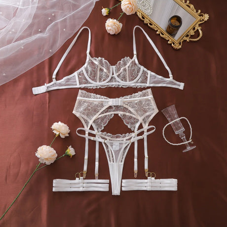 Ellolace French Women's Lingerie Fantasy Embroidered Bra Belt Thong with Leg Circles Elegant Floral Romantic Cute Miss Underwear