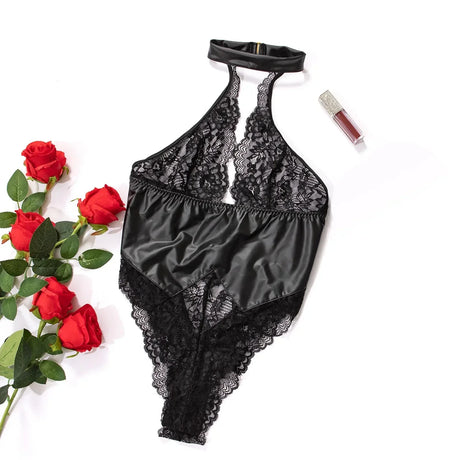 Porn Suit Women Sexy Lingerie Black PU Latex Leather Halter Lace Backless Bodysuit Underwear Skinny Bodycon Body Suit Teddies