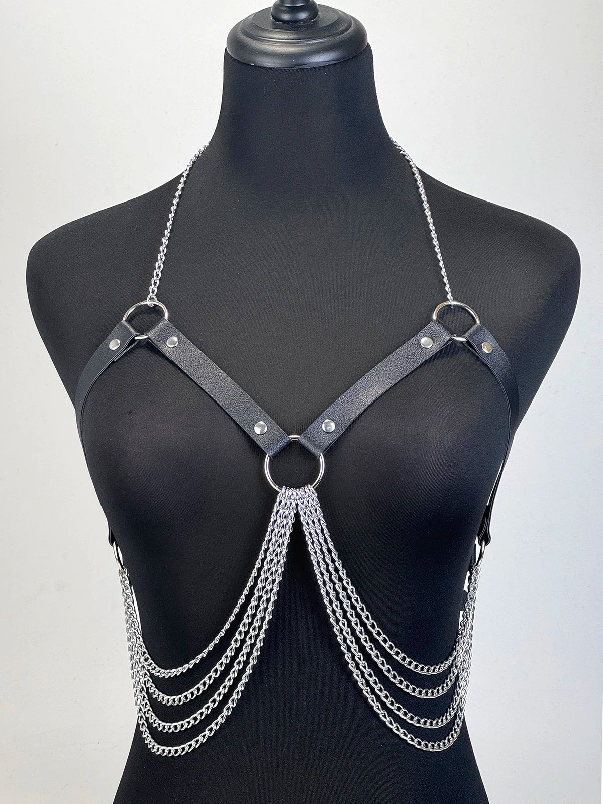 Women Gothic PU Leather Chest Harness Belt with Chain Bra Strap Adjustable Punk Y2K Body Harness Festival Layering Accessory