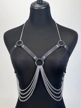 Women Gothic PU Leather Chest Harness Belt with Chain Bra Strap Adjustable Punk Y2K Body Harness Festival Layering Accessory