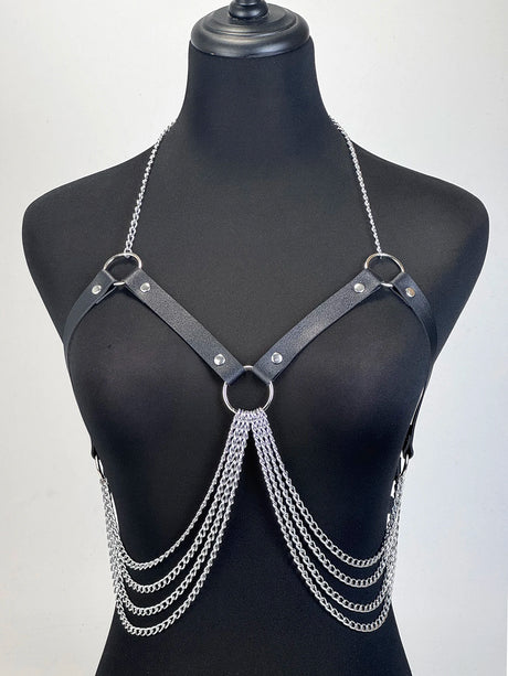 Women Gothic PU Leather Chest Harness Belt with Chain Bra Strap Adjustable Punk Y2K Body Harness Festival Layering Accessory