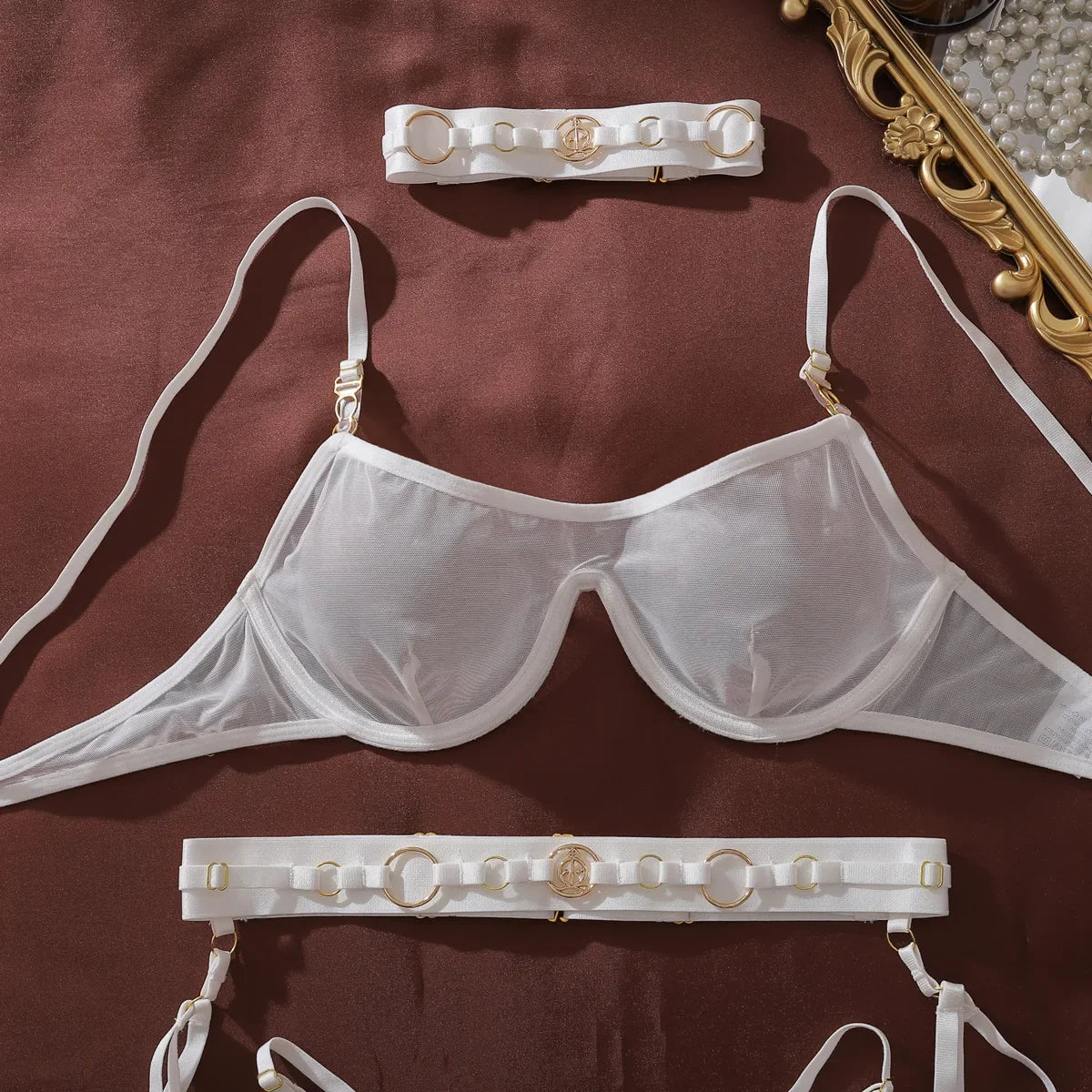2026 Fashion Heavy Crafted Metal Decorative Lingerie Set with Buckle Women Mesh Transparent Bra Lady Sexy Body Shaping Underwear