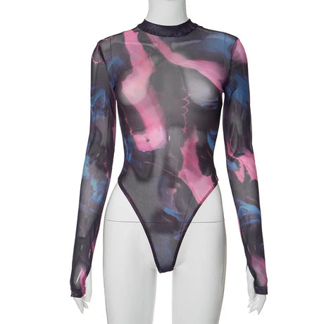 Fashion Tie Dye Printing One-Piece Romper Sexy Women Long Sleeve Bodysuits Streetwear Y2k Bottoming Tops Clubwear O-Neck T-Shirt