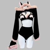 SENMHS Original Japanese Sweet Lolita Cat Girl Cosplay Set Women Kawaii Cat Paw Bikini with Hooded Bodysuit Photo Shoot Hallowee