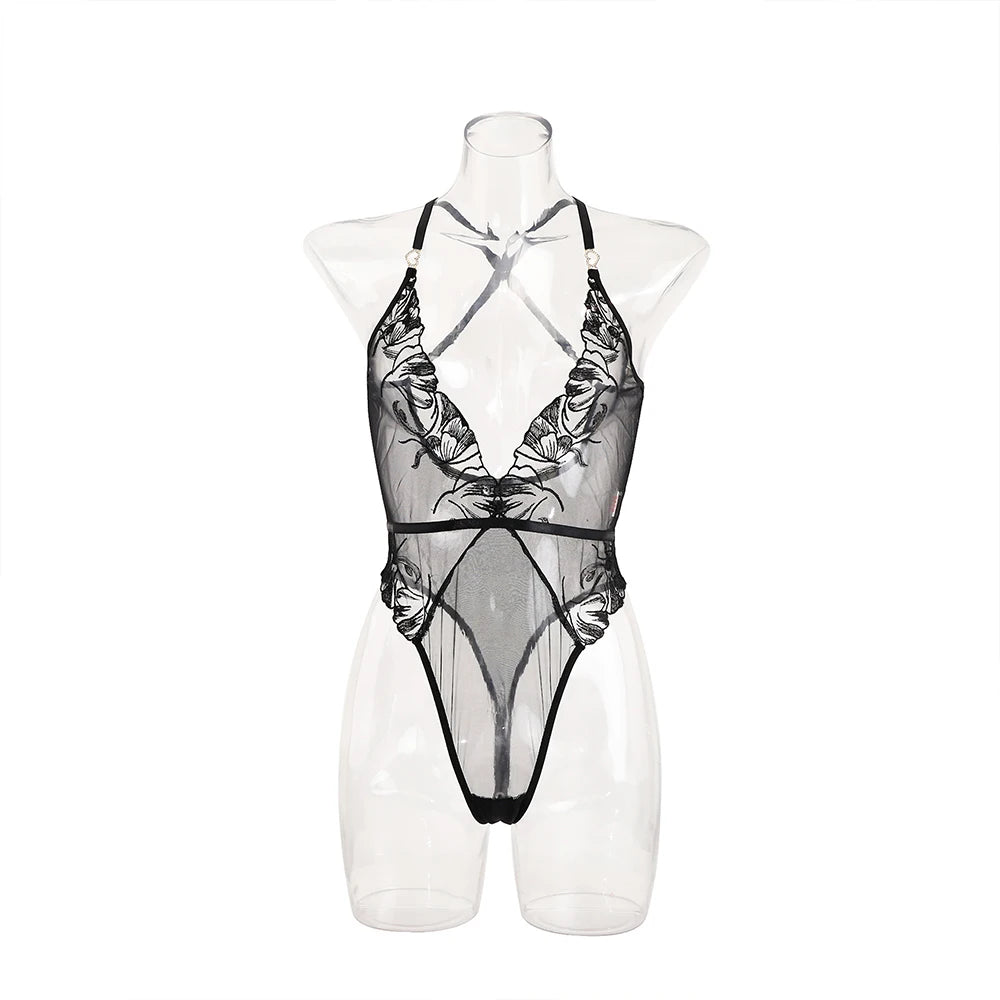 Lace Embroidery See Through Sexy Seductive Shapewear Bodysuit，Women's sexy dressing gowns, exotic costumes, erotic lingerie