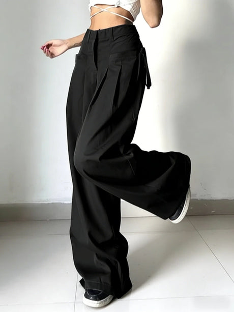 Women Wide Leg Cargo Pants High Waist Streetwear Trousers 2026 Spring Autumn Solid Black Loose Pleated Casual Pants S-XXL Size