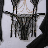 Romantic Women's Lingerie Intimate Sets Elegant Chains Bra Belt Thong 3PC with Gloves Stockings Shiny Intimate Honey Underwear