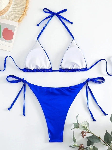 Sexy Metallic Halter Bikinis Sets Lace Up Triangle Tie Side Bikini 2024 Swimsuit Women Swimwear Brazilian Female Bathing Suits