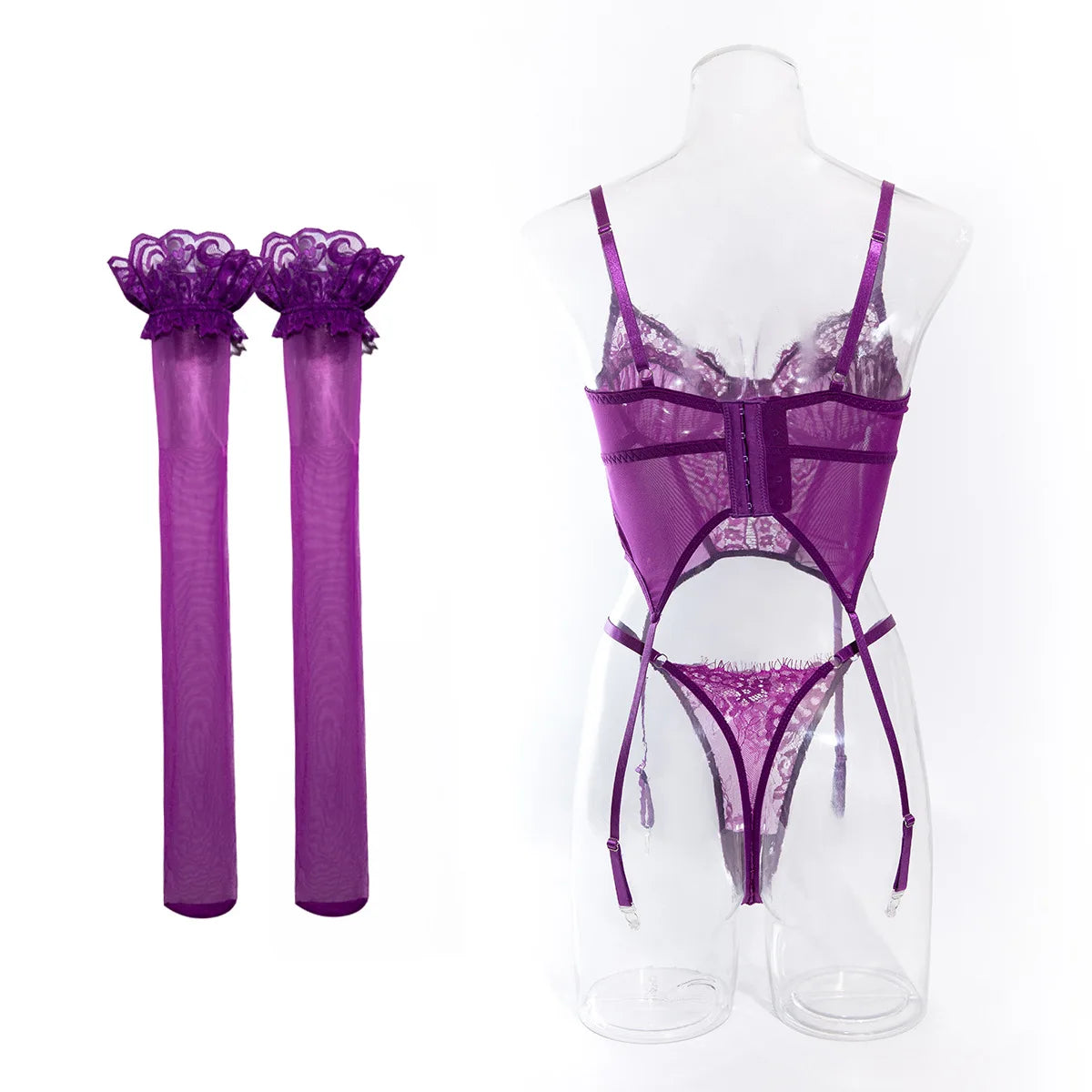 Sexy Purple Eyelash Lace Lingerie Set 3Pcs Mesh Transparent Fishbone Bustier Bra Panty with Stockings Sensual Underwear