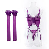 Sexy Purple Eyelash Lace Lingerie Set 3Pcs Mesh Transparent Fishbone Bustier Bra Panty with Stockings Sensual Underwear