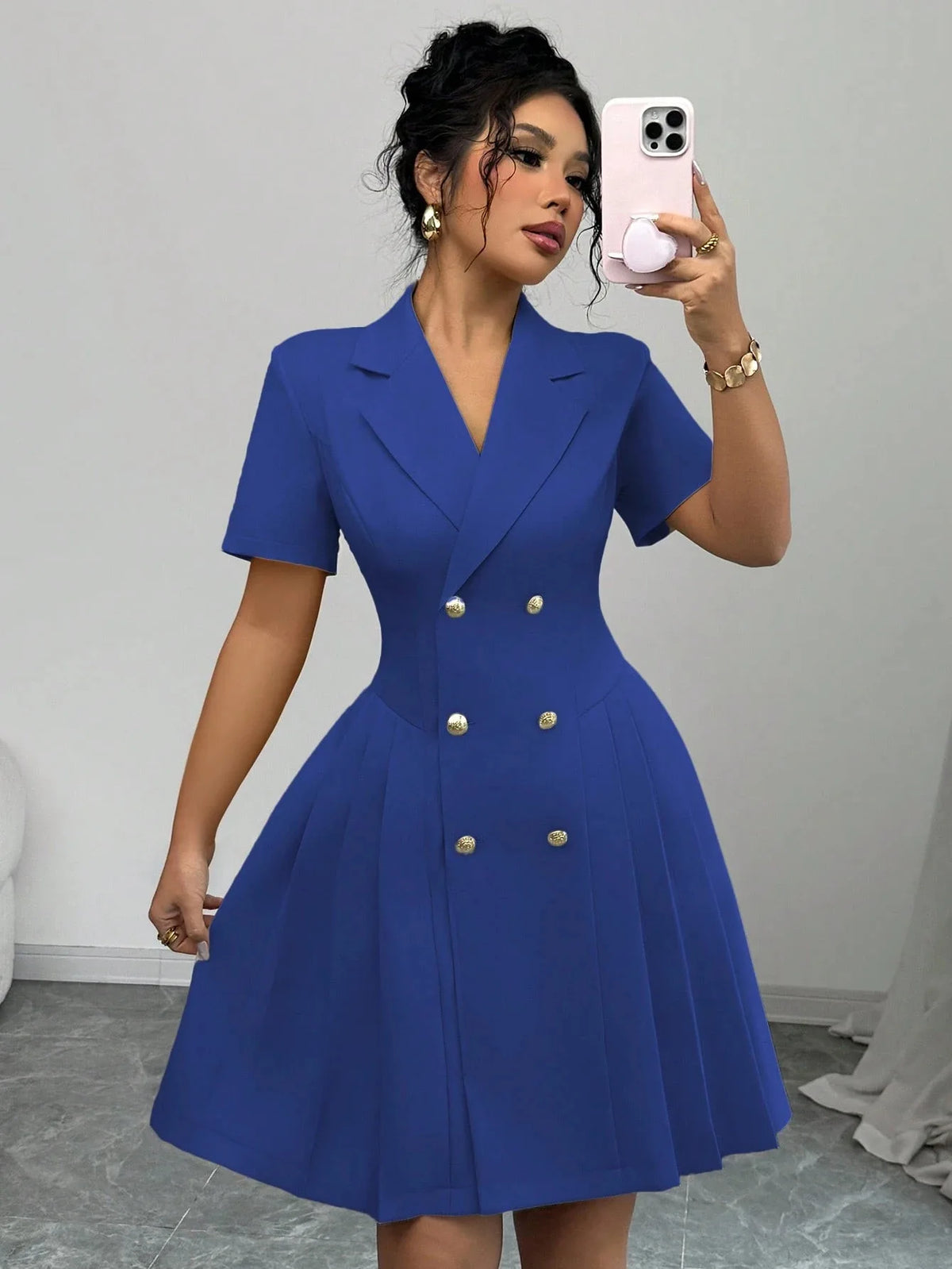 2026 Luxury Dresses Solid Color Notched Lapel Double Breasted Short Sleeve Slim Summer Midi Dress for Woman Clothes