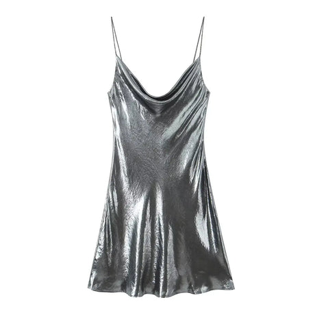 HH Women's Sexy Shinning Metallic Color Slip Mini Dress Woman Fashion Spaghetti Strap Pleated V-neck Slim Party Dresses