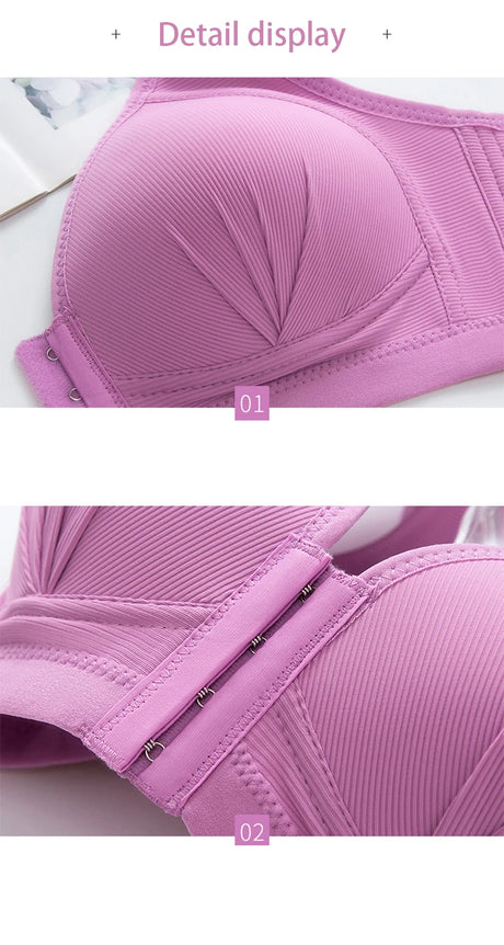 Women's Bra Wire-Free Front Closure Solid Color Full Coverage Fixed Cups Push up Brassiere Gather Bra Shockproof Underwear