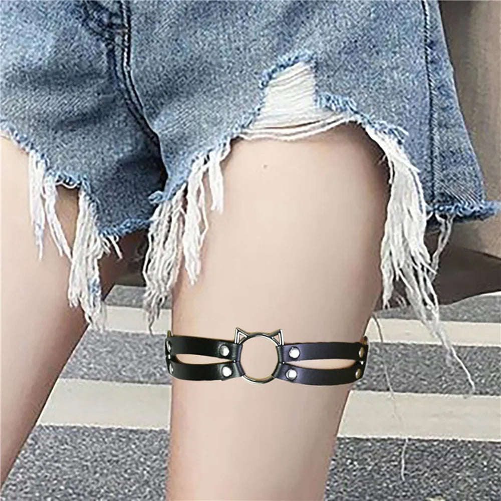Cosplay Gothic Thigh Ring Garter Women Rock Sexy Elastic Double Layer Leather Belt Leg Punk Cat Head Thigh Garter