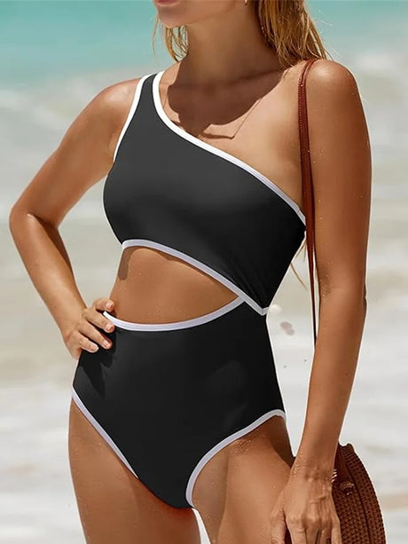 Vzvn 2026 New Women Swimwear Female Padded Bather Bathing Suit Swim Colors Cut Out One Shoulder Splicing One Piece Swimsuit