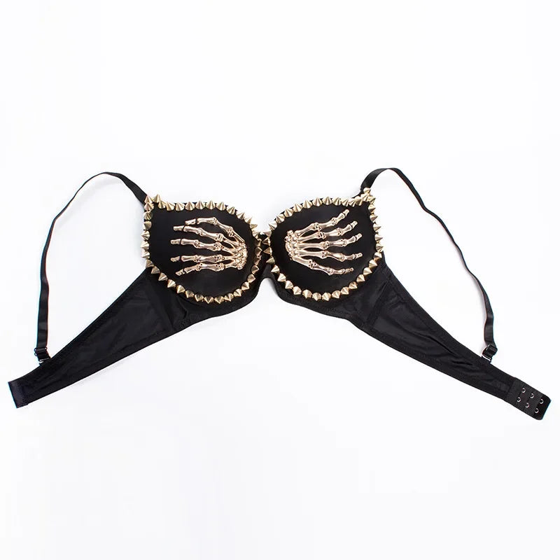 Gothic Punk Bra Gold Rivet Skeleton Hands Fashion Push Up Bras for Women Sexy Corset Top Party Club Dance Wear