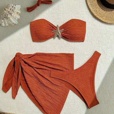 Metal Starfish Brown Bandeau Bikinis Sets 3 Pieces Sexy Swimsuit Cover Up Women 2026 Holiday Swimwear High Cut Bather Beach Wear