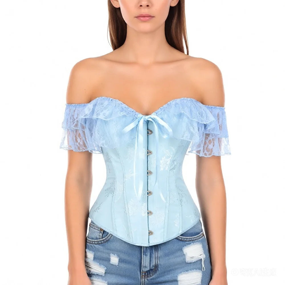 Women Sky Blue Retro Jacquard Corset Tops Lace Short Sleeved One Shoulder Sexy Slimming Shaper Overbust Bustiers Lingerie