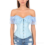 Women Sky Blue Retro Jacquard Corset Tops Lace Short Sleeved One Shoulder Sexy Slimming Shaper Overbust Bustiers Lingerie