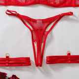 Women Red Lace Lingerie Set 5 Pcs Underwear Sheer Mesh Bra Thigh Long Gloves Thong Sexy Intimate Outfit for Romantic Night Party