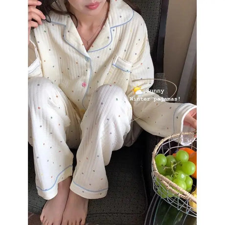 Thickened Air Cotton Sleepwear Set for Women Autumn Winter Polka Dot Home Clothes Korean Style Cute Girl Long Sleeve V-Neck