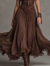 Women‘s Spaghetti Strap Lace Midi Boho Dress Sexy V Neck Ruched Flowy Mesh Sheer Dress Tiered Hem Western Vacation Party Dresses