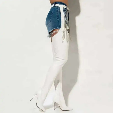 White Sexy Stiletto Heel Belt Buckle Over The Knee Boots Big Size 41-46 Pu Leather Thigh High Boots Shoes