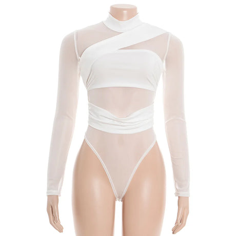 New 2026 White Bandage Bodysuit Women Mesh Transparent Sexy Slim Stretchy Jumpsuit Top T-shirt Long Sleeve Design 66005