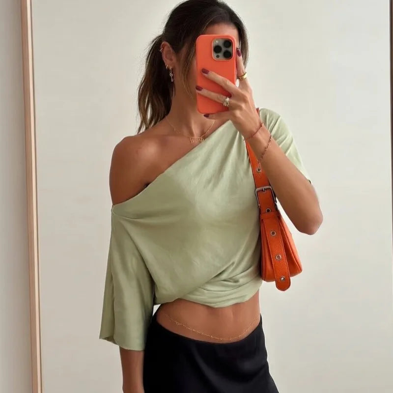 Talenza Summer One Shoulder Tops Fashion Slim Shrink Short Sleeve T-Shirts Sexy Party Y2k Streetwear Solid Pullover Tops Women