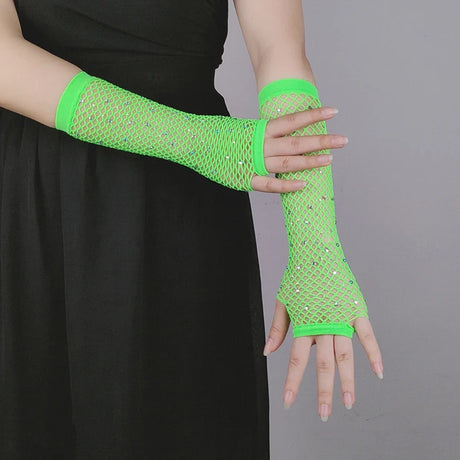 Sexy Elastic Mesh Gloves With Colored Flash Diamonds Bungee Stage Performance Hollow Fishing Net Punk Hiphop Women's Gloves R51