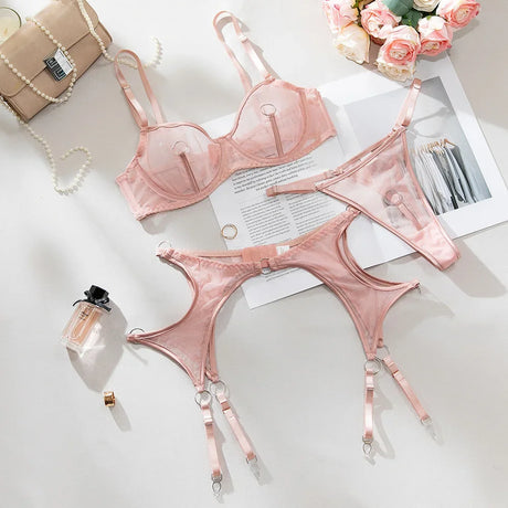 Lingerie Set Sexy See Through Mesh Push Up Bra Contrast Color Metal Ring Decor High Elasticity Two Piece Sexy Lingerie for Women