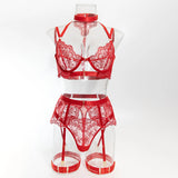 Krasapt Black Lace Embroidered Metal Buckle Sexy Lingerie Set Front Open See-through Lingerie 5Pcs Set Fancy Exotic Intimate Set