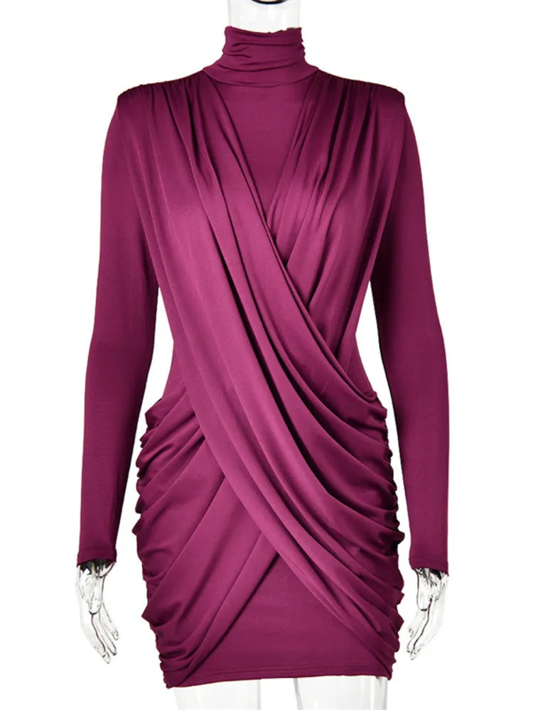 Mozision High Neck Shoulder Pads Long Sleeve Sexy Mini Dress Women Draped Cross Front Ruched Slim Bodycon Nightclub Party Dress