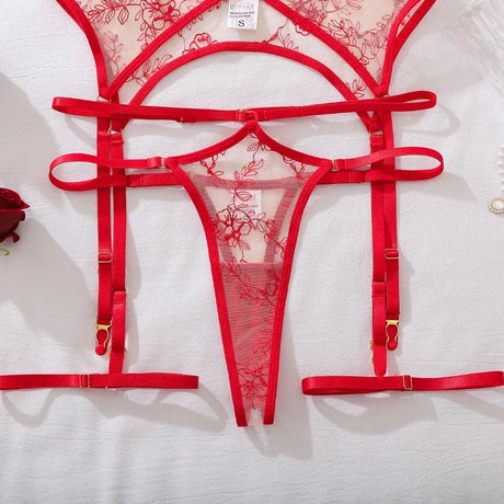 Women's Red Floral Embroidered Lingerie Set 4 Piece Underwire Bra Garter Belt Panty Stockings Sexy Nightwear Set Elegant Trendy