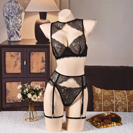 Women's Black Lace Lingerie Set Underwire Bra Thong Panty Garter Straps Choker Gloves Floral Embroidery Sexy Underwear Outfit