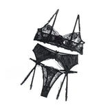 Sexy Butterfly Embroidery Lingerie Set 3 Piece Mesh Lace Bra Panty Garter Belt Women's Erotic Intimate Underwear
