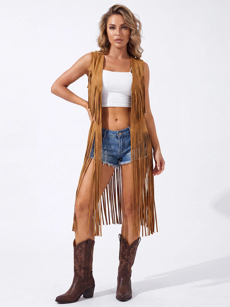 Women's Tassel Long Vest Fashionable Western Style Solid Color Open Front Cowgirl Sleeveless Jacket
