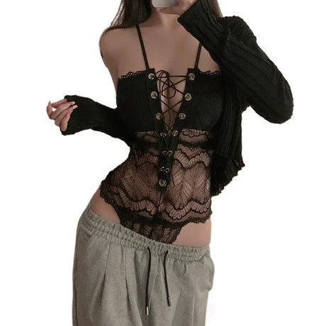 Lace Bodysuits Plus Size Sexy Lingerie for Women Erotic Underwear Sex Clothes Babydoll  Transparent V-neck Body Suit