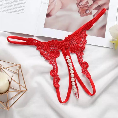 Women's panties Women's Sexy Transparent Thong Underwear Hollow out Pearl Massage Open File T-shaped Thin Embroidered Perspectiv