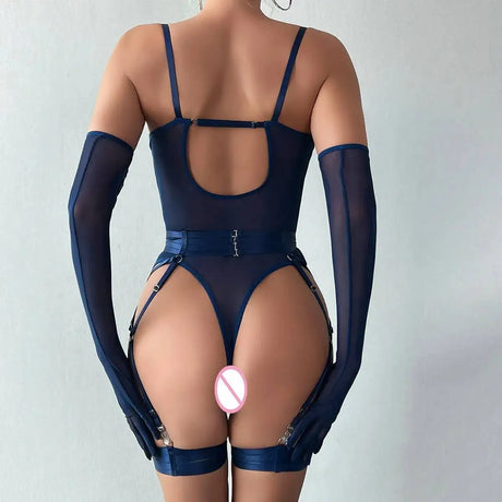 Sexy One Piece Bodysuit Glove Bandage Perspective Mesh Tight Fitting Slim Fit High Strecth Women Rompers Polychrome Fashion RAE3