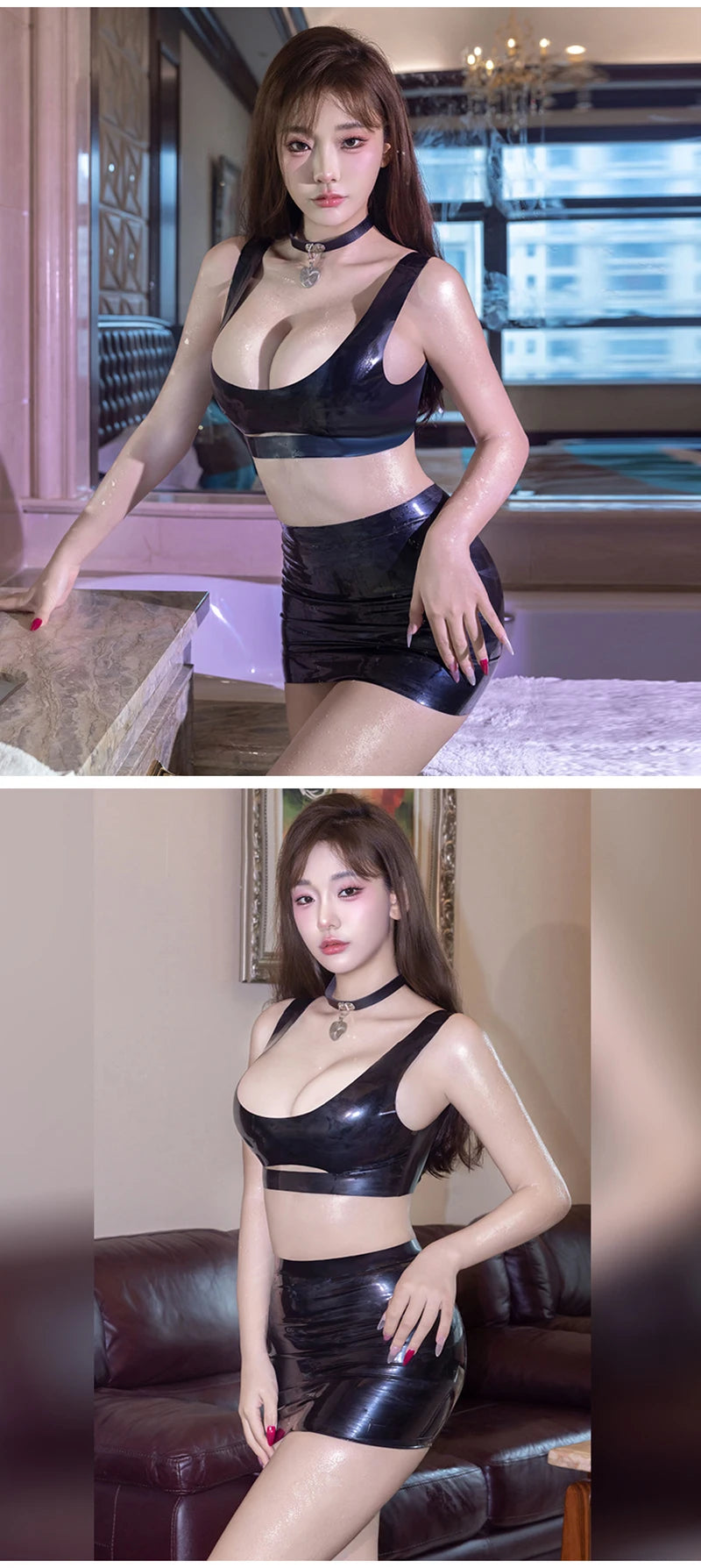 Sexy Women's Latex Clothing PU Elastic Hip Short MINI Skirt Shiny Maid Erotic Latex Top Intimate Lubrication Porn Costume