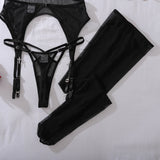 Ellolace See Through Sexy Lingerie Exclusive Halter Belt 3PC Stockings Luring Silver Cross Rhinestone Backless Harness Underwear
