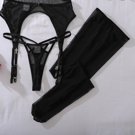 Ellolace See Through Sexy Lingerie Exclusive Halter Belt 3PC Stockings Luring Silver Cross Rhinestone Backless Harness Underwear
