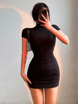 Sexy Tight Half High Collar Pleated Waist Mini Dress Spicy Girls Slim Dresses Bodycon Women Vestidos Cortos Party Mujer Clothin