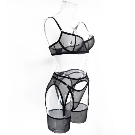Ellolace Solid Lingeries Sexy Hot Sissy See Through Mesh Bra 3PC Set with Stockings Tempted Underwear Fancy Erotic Clubwear
