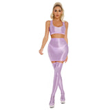 Womens Glossy Lingerie Sleeveless Crop Tank Tops Low Rise Miniskirt with Thigh High Stockings Pool Party Pole Dance Clubwear