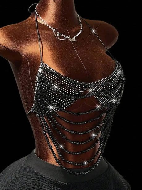 Sexy Metal Rhinestone Corset Crop Top Women Summer Club Party tops Woman Clothing See through Beach Halter Tank Top Streetwear