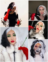 Cosplay Halloween Party Wigs CRUELLA Deville De Vil Black White With Bangs Short Bob Hair for Women Heat-Resistant Synthetic Wig